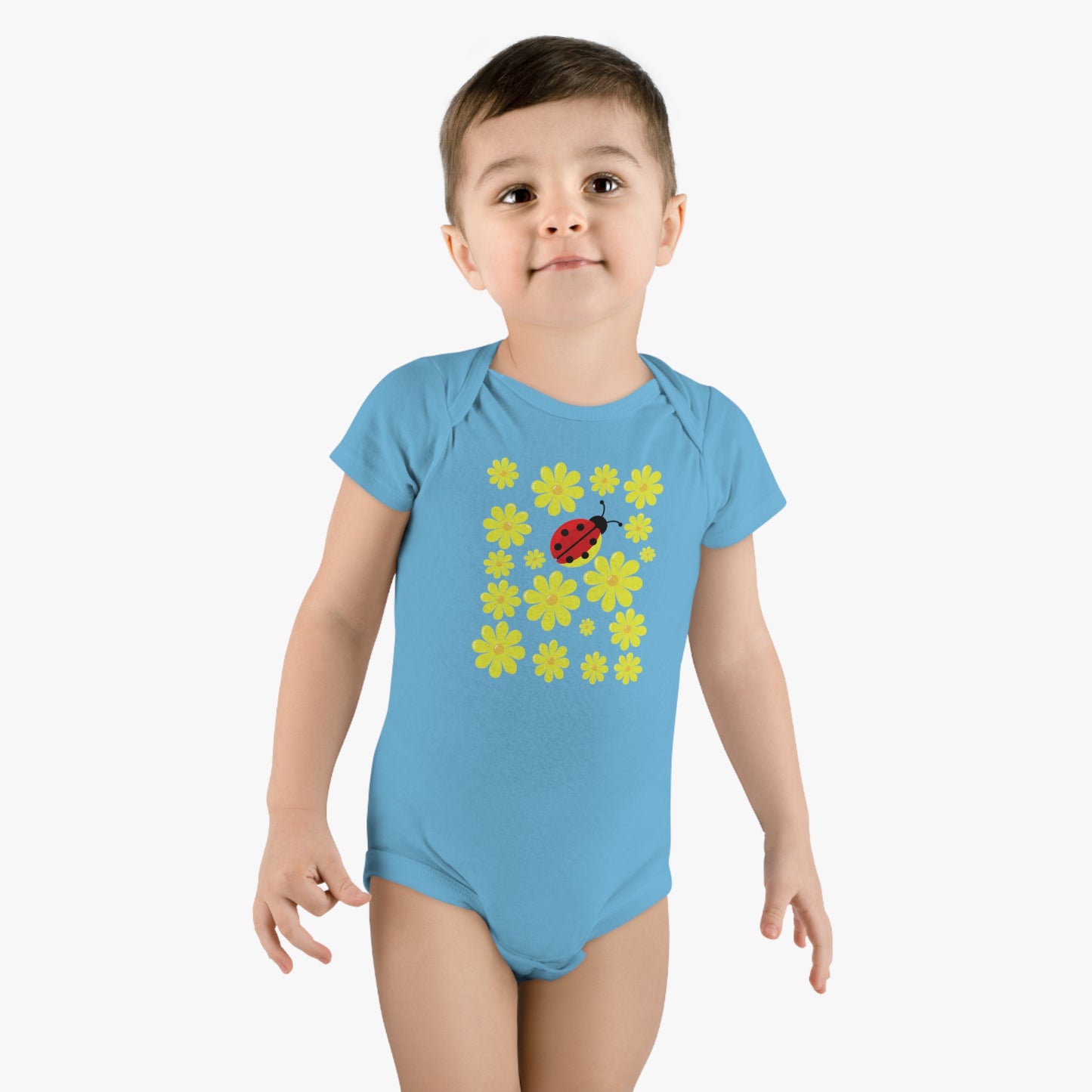 Ladybug Baby Bodysuit! Introducing the cutest addition to your baby’s wardrobe. With its adorable ladybug pattern, this bodysuit is a bundle of joy that brings the garden’s whimsy right to your little one’s cuddles. Baby Short Sleeve Onesie®