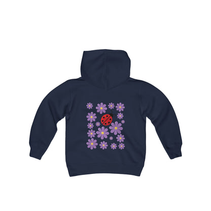 Introducing the Youth Ladybug and Flowers Hoodie. Youth Heavy Blend Hooded Sweatshirt