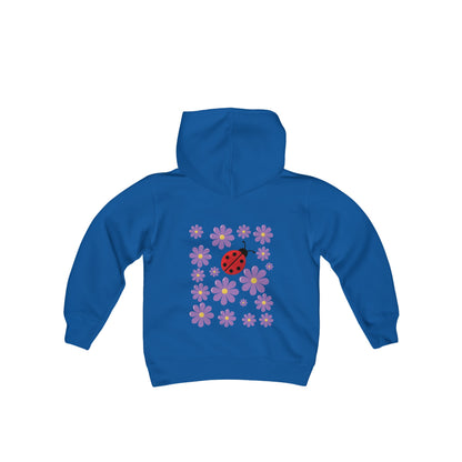 Introducing the Youth Ladybug and Flowers Hoodie. Youth Heavy Blend Hooded Sweatshirt