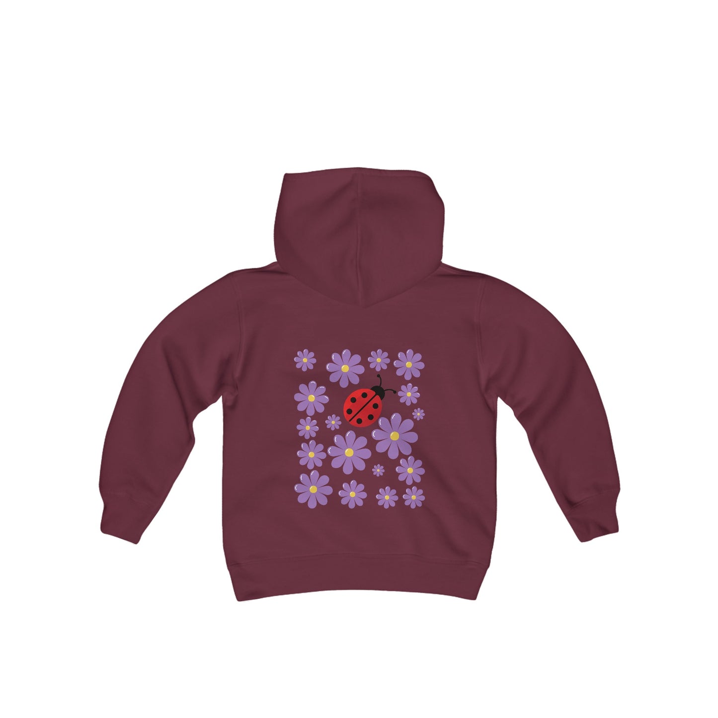 Introducing the Youth Ladybug and Flowers Hoodie. Youth Heavy Blend Hooded Sweatshirt