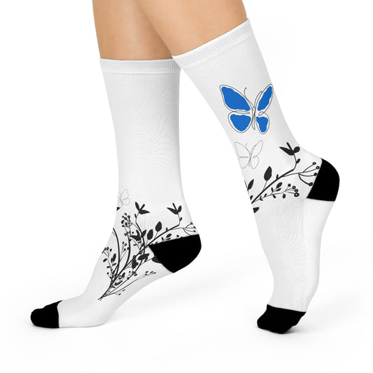 Cute Blue Butterfly Lightweight Socks. Comfort All Day With Heel to Toe Cushion.