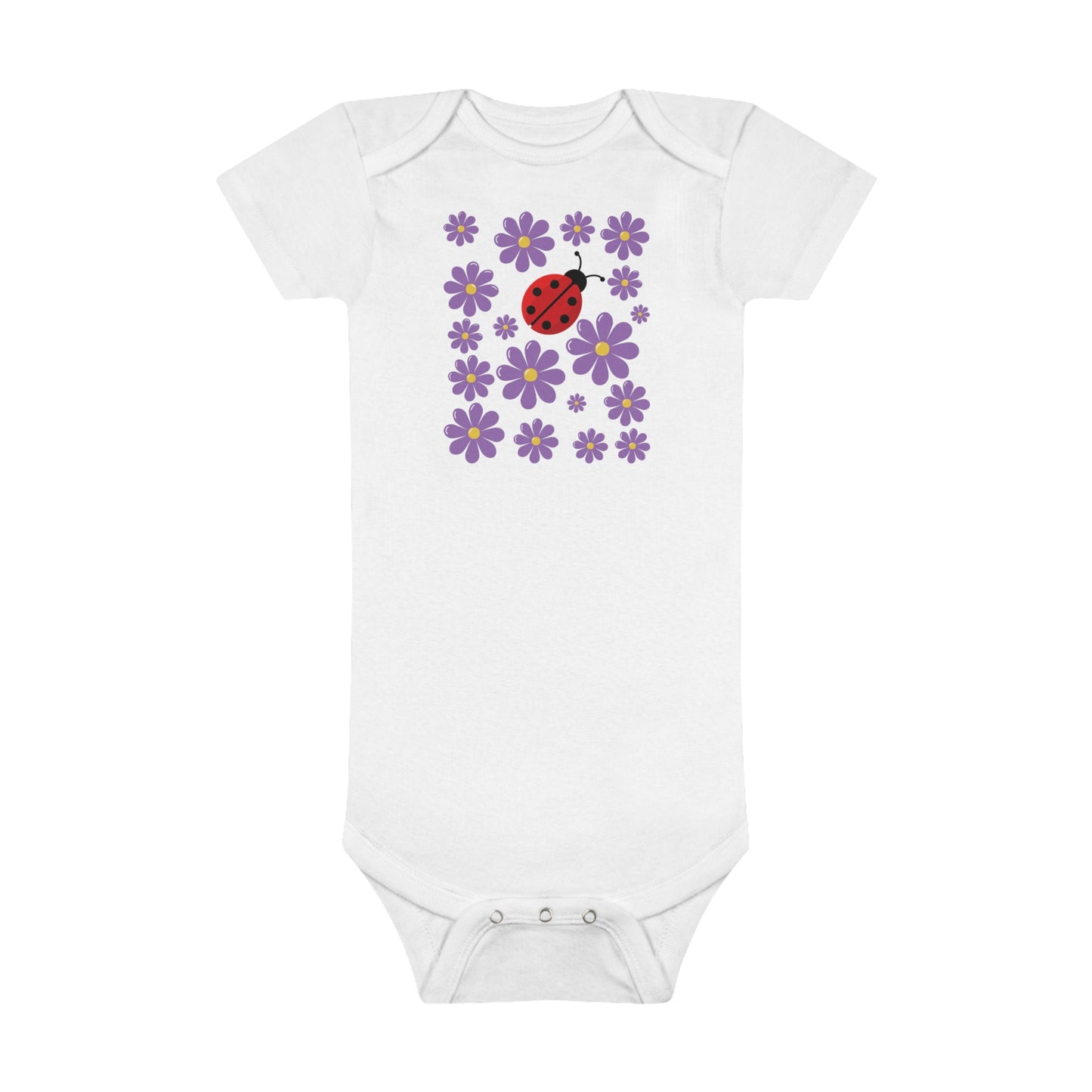 Ladybug Baby Bodysuit! Introducing the cutest addition to your baby’s wardrobe. With its adorable ladybug pattern, this bodysuit is a bundle of joy that brings the garden’s whimsy right to your little one’s cuddles. Baby Short Sleeve Onesie®