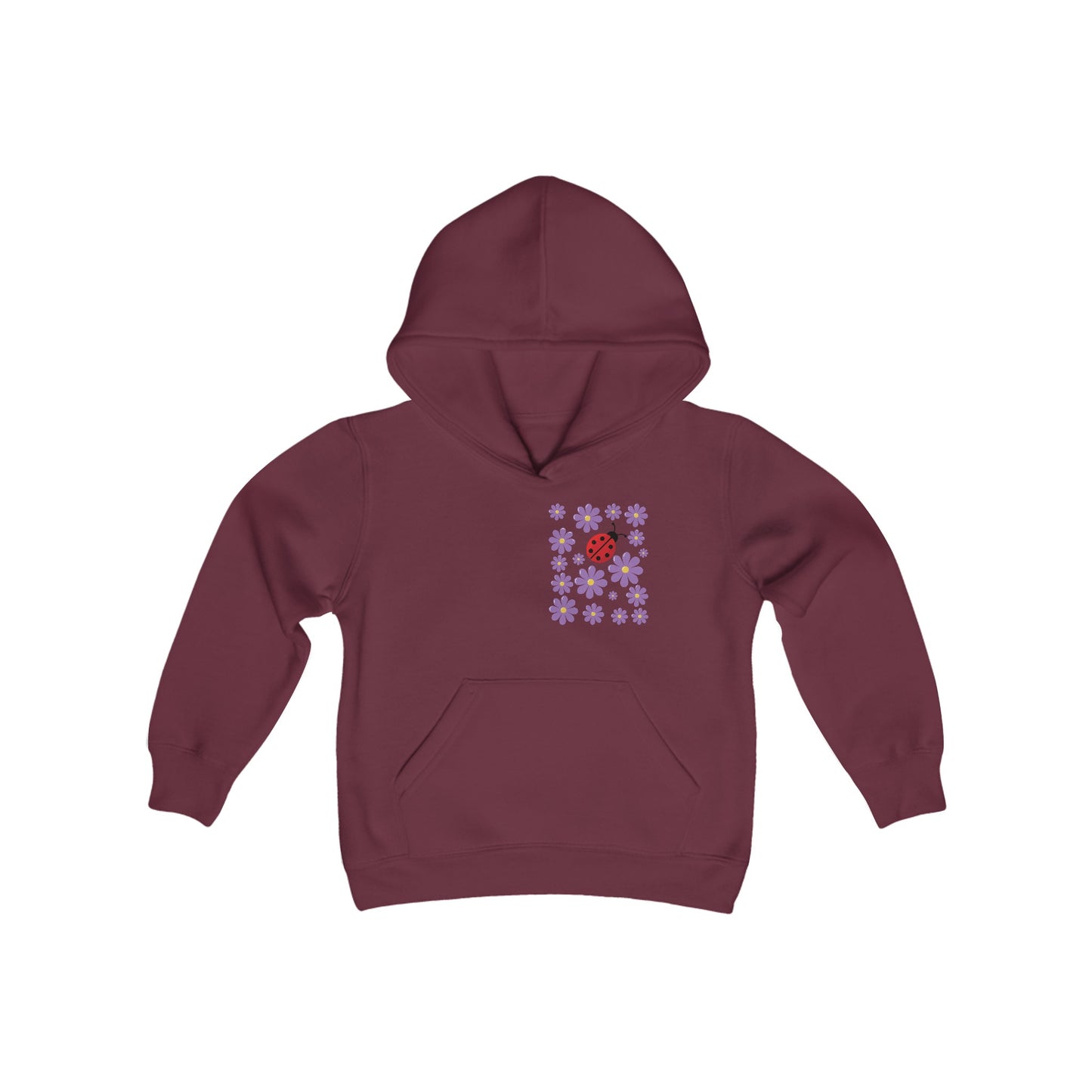 Introducing the Youth Ladybug and Flowers Hoodie. Youth Heavy Blend Hooded Sweatshirt