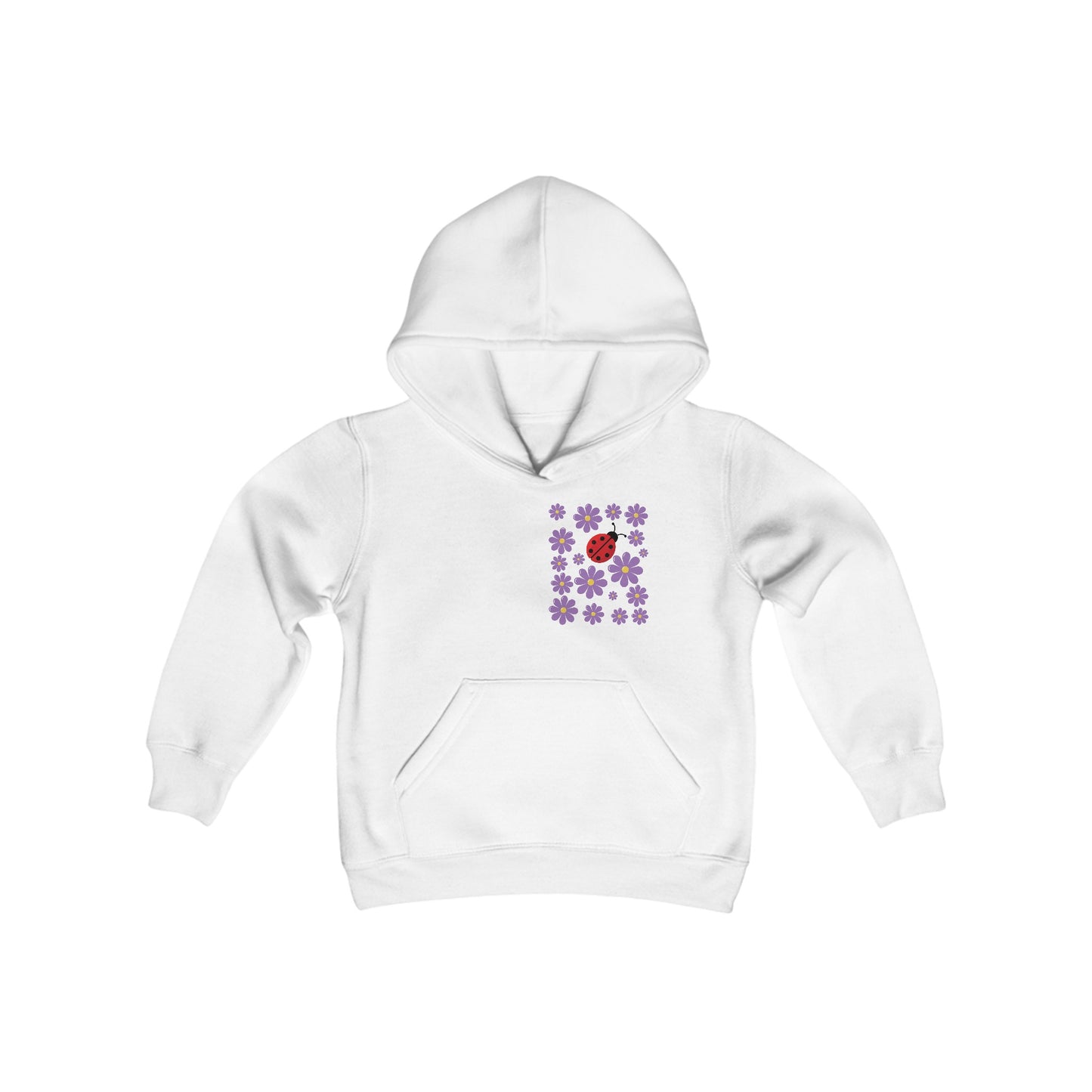 Introducing the Youth Ladybug and Flowers Hoodie. Youth Heavy Blend Hooded Sweatshirt