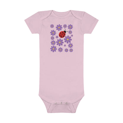 Ladybug Baby Bodysuit! Introducing the cutest addition to your baby’s wardrobe. With its adorable ladybug pattern, this bodysuit is a bundle of joy that brings the garden’s whimsy right to your little one’s cuddles. Baby Short Sleeve Onesie®