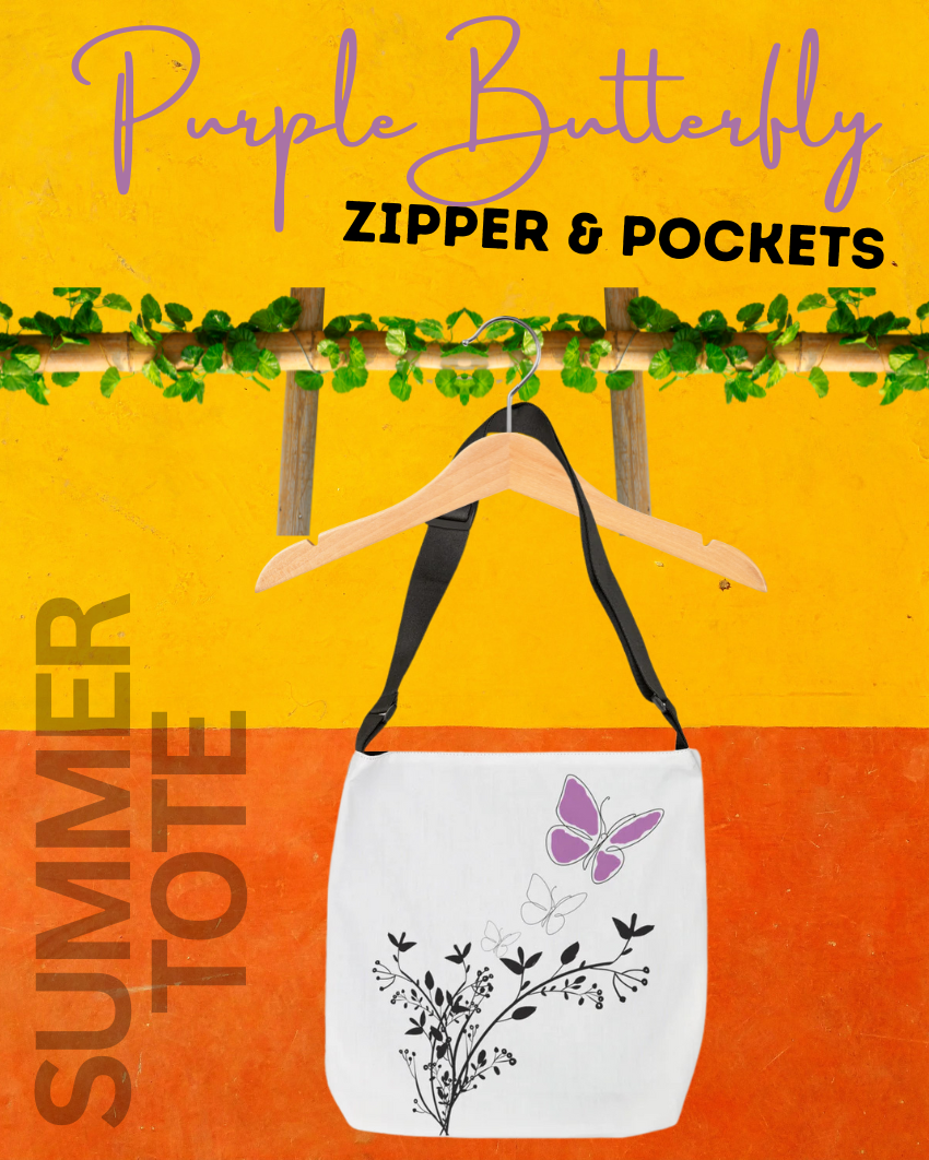 2 Sizes of Purple Butterfly Tote Bag - 2 Cute Tote Bags You'll Love. Zippered top, Phone Pocket