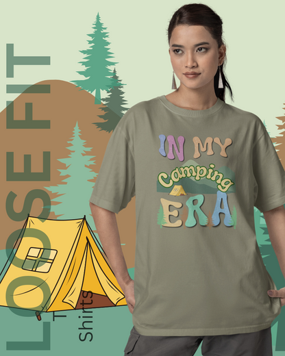 In My Camping Era Oversize Deep Drop Shoulder Tee. Perfect for those who find their peace by the campfire. Oversize Tee - 190 GSM